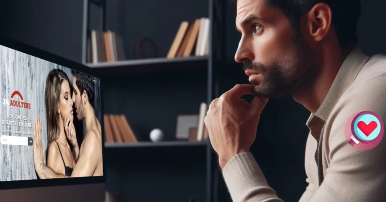un homme teste le site JM adultère sur ordinateur avec une chemise du comparateur meilleursiterencontre.net