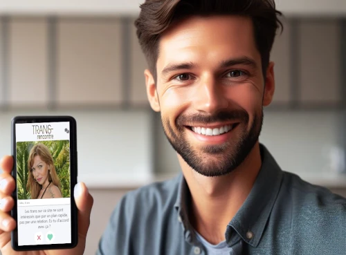 un homme de 30 ans sourit en montrant son smartphone connecté à Trans-rencontre