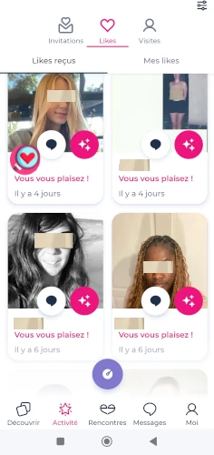 vue de l'onglet activité likes recus de l'application Meetic